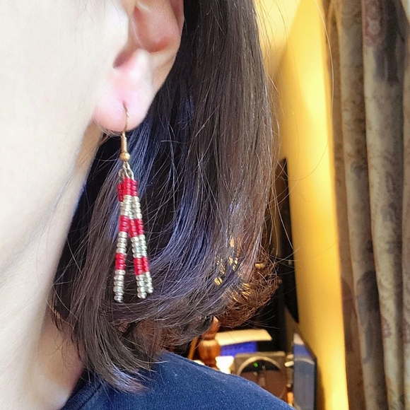 Vintage Bohemian Red & Gold Beaded Drop Earrings - Picture 6 of 8